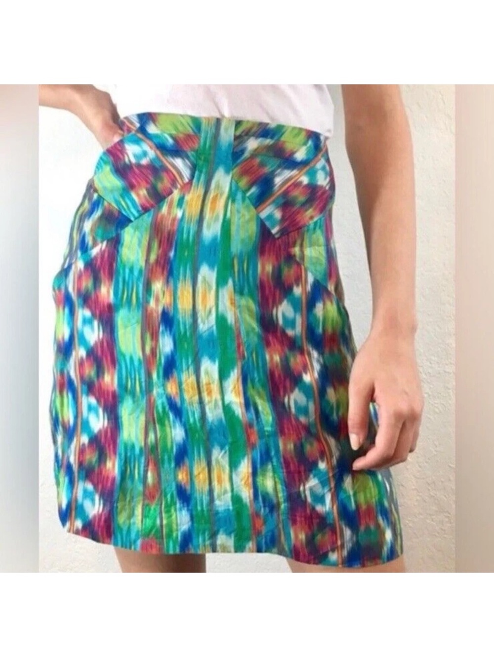 Anthropologie Edme & Esyllte Silk Aztec Watercolor Print Skirt Women's 6